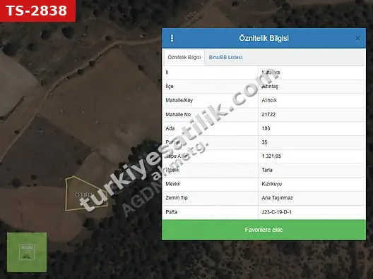 KÜTAHYA ALTINTAŞ ALINCIK'TA 1.321,85 M² UYGUN YATIRIMLIK! TARLA